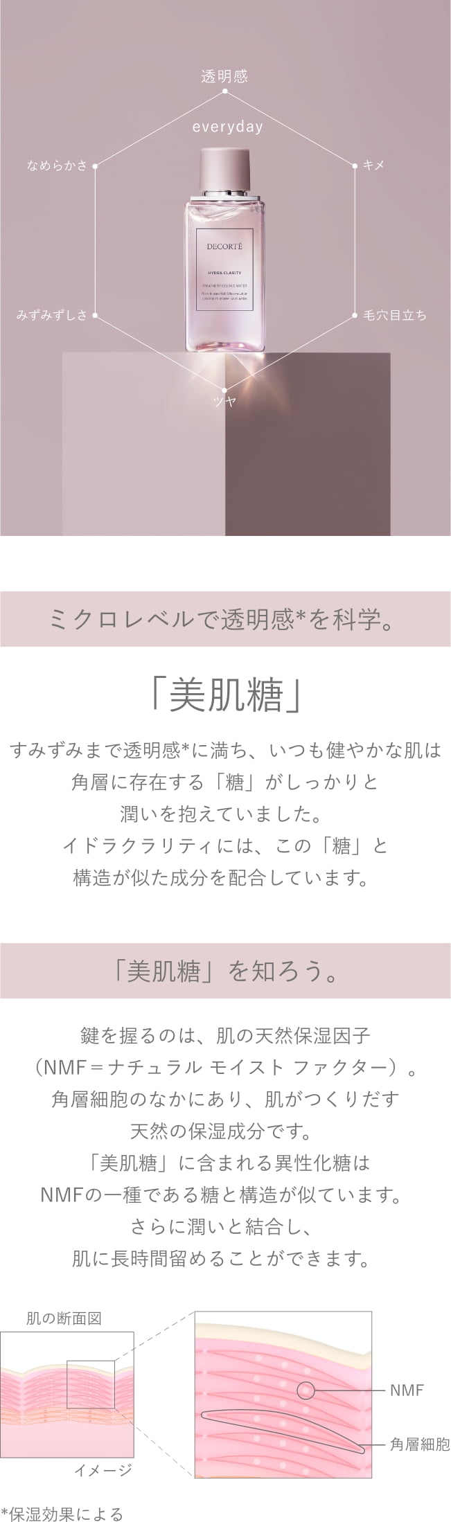 ミクロレベルで透明感*を科学。「美肌糖」すみずみまで透明感*に満ち、いつも健やかな肌は 角層に存在する「糖」がしっかりと潤いを抱えていました。 イドラクラリティには、この「糖」と構造が似た成分を配合しています。「美肌糖」を知ろう。鍵を握るのは、肌の天然保湿因子(NMF=ナチュラル モイスト ファクター)。角層細胞のなかにあり、肌がつくりだす天然の保湿成分です。「美肌糖」に含まれる異性化糖は NMFの一種である糖と構造が似ています。さらに潤いと結合し、肌に長時間留めることができます。*保湿効果による