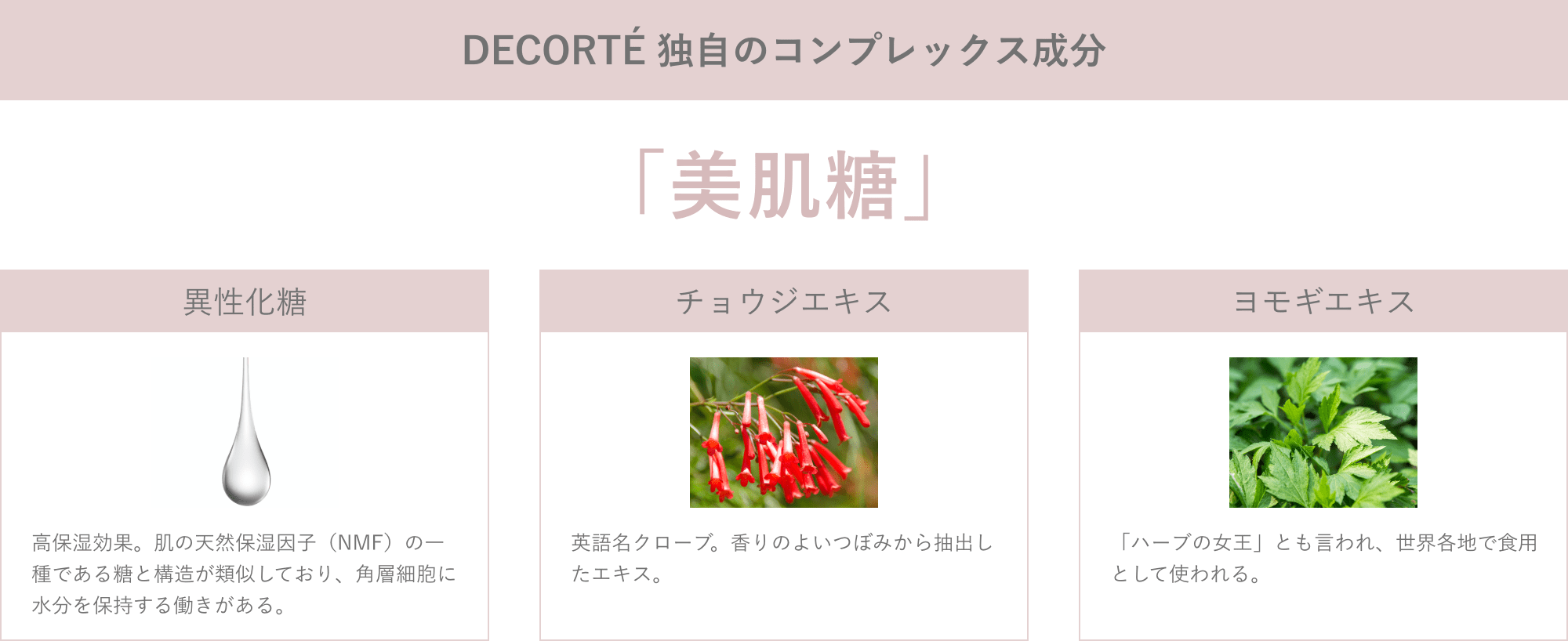 DECORTÉ 独自のコンプレックス成分「美肌糖」異性化糖 高保湿効果。肌の天然保湿因子(NMF)の一種である糖と構造が類似しており、角層細胞に 水分を保持する働きがある。チョウジエキス 英語名クローブ。香りのよいつぼみから抽出したエキス。ヨモギエキス 「ハーブの女王」とも言われ、世界各地で食用 として使われる。