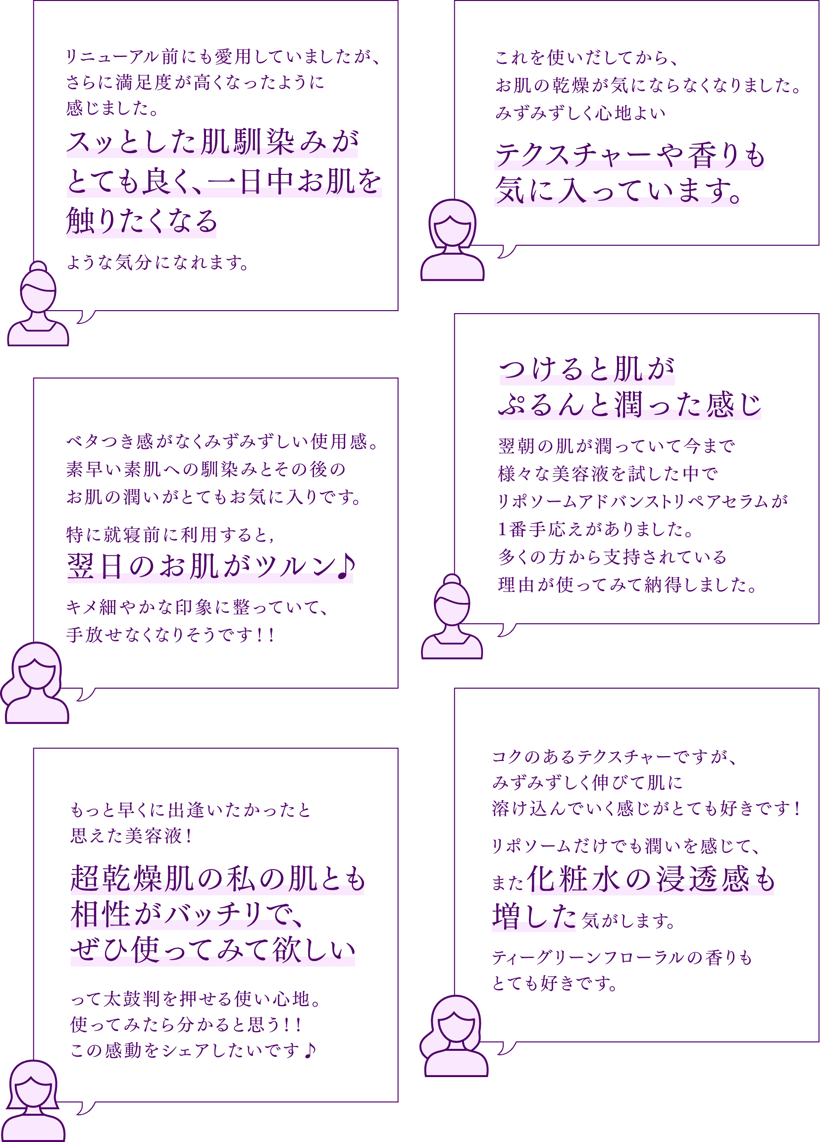 リニューアル前にも愛用していましたが、さらに満足度が高くなったように感じました。スッとした肌馴染みがとても良く、一日中お肌を触りたくなるような気分になれます。これを使いだしてから、お肌の乾燥が気にならなくなりました。みずみずしく心地よいテクスチャーや香りも気に入っています。ベタつき感がなくみずみずしい使用感。素早い素肌への馴染みとその後のお肌の潤いがとてもお気に入りです。特に就寝前に利用すると、翌日のお肌がツルン♪とキメ細やかな印象に整っていて、手放せなくなりそうです！！つけると肌がぷるんと潤った感じ、翌朝の肌が潤っていて今まで様々な美容液を試した中でリポソームアドバンストリペアセラムが1番手応えがありました。多くの方から支持されている理由が使ってみて納得しました。もっと早くに出逢いたかったと思えた美容液！超乾燥肌の私の肌とも相性がバッチリで、ぜひ使ってみて欲しいって太鼓判を押せる使い心地。使ってみたら分かると思う！！この感動をシェアしたいです♪ コクのあるテクスチャーですが、みずみずしく伸びて肌に溶け込んでいく感じがとても好きです！リポソームだけでも潤いを感じて、また化粧水の浸透感も増した気がします。ティーグリーンフローラルの香りもとても好きです。