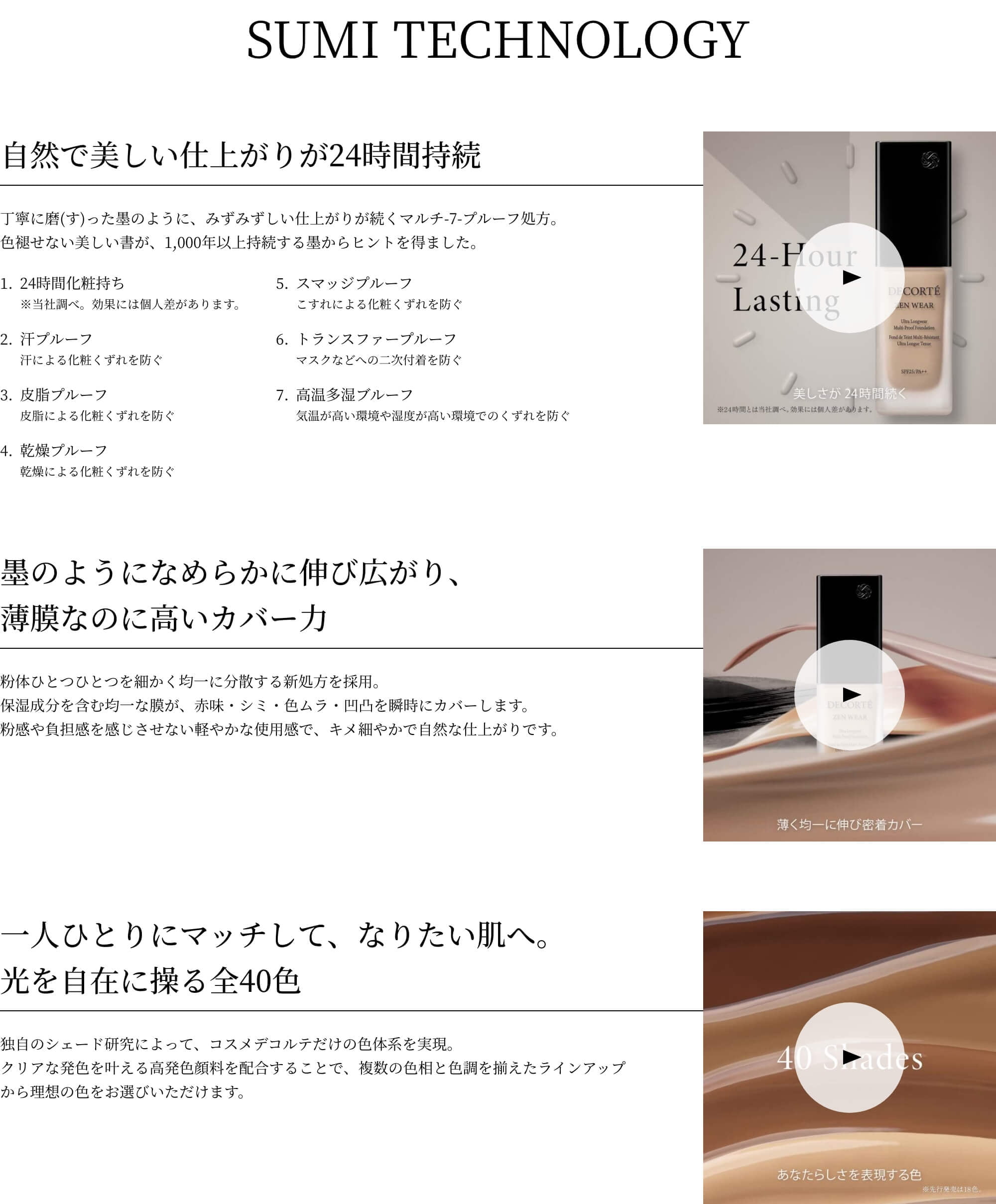 SUMI TECHNOLOGY 自然で美しい仕上がりが24時間持続 色褪せない美しい書が、1,000年以上持続する塾からヒントを得た処方。24時間つけたての美しさが続く、MULTI-7-PROOFを実現しました。 MULTI-7-PROOF 1.24時間化粧持ち ※当社調べ。効果には個人差があります。 2.汗プルーフ 汗による化粧くずれを防ぐ 3.皮脂プルーフ 皮脂による化粧くずれを防ぐ 4.乾燥プルーフ 乾燥による化粧くずれを防ぐ 5.スマッジプルーフ こすれによる化粧くずれを防ぐ 6.トランスファープルーフ マスクなどへの二次付着を防ぐ 7.高温多湿ブルーフ 気温が高い環境や湿度が高い環境でのくずれを防ぐ 墨のようになめらかに伸び広がり、薄膜なのに高いカバー力 硯(すずり)で磨(す)った墨のように、粉体ひとつひとつを非常に細かく均一に分散する新製法を採用。保湿成分を含む微細な粒子の粉体が、均一に薄く伸び広がり、薄膜でありながら、あらゆる肌悩みを瞬時にカバーします。なめらかなタッチで密着し、キメ細やかで肌と一体化するような自然な仕上がりです。 一人ひとりにマッチして、なりたい肌へ。光を自在に操る全18色 丁寧に時間をかけて磨(す)った墨、“真の昼色”は、艶やかで深い輝きを放つ。磨(す)る強さ、速さ、回数などによって無限に濃淡を生み出す墨色のように、無限に生まれる自然な色。クリアな発色を叶える新規ピグメントを配合することで、見たままの発色が長時間持続します。なりたい肌に合わせ、自由自在に肌を操る全40色を完成、グローバル展開に先駆け、日本先行で18色を発売します。